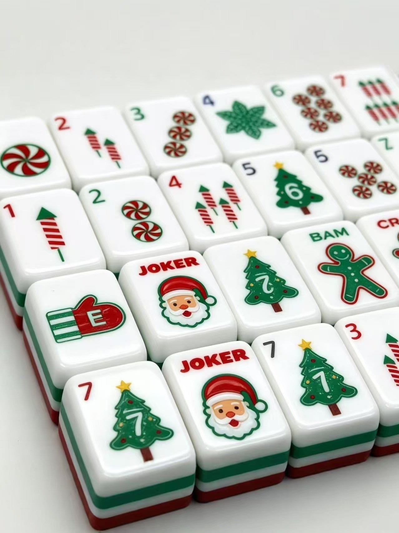 The Classic Christmas American Mahjong Tile Set | Holiday Red & Green Tri-Layer Acrylic Tiles with Santa Jokers & Gingerbread Art (160 Tiles)