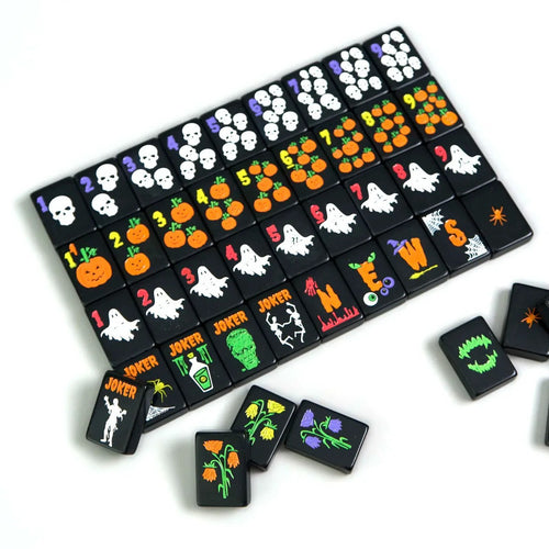 Spooktacular Halloween Edition American Mahjong Tile Set | Luxury Black Acrylic Tiles with Custom Spooky Illustrations (160 Tiles)