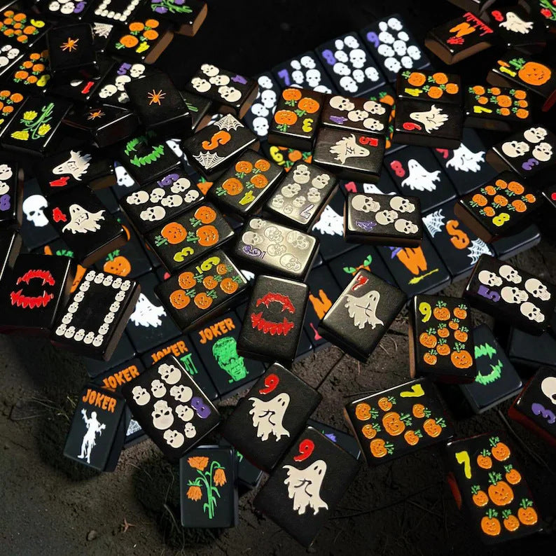 Spooktacular Halloween Edition American Mahjong Tile Set | Luxury Black Acrylic Tiles with Custom Spooky Illustrations (160 Tiles)