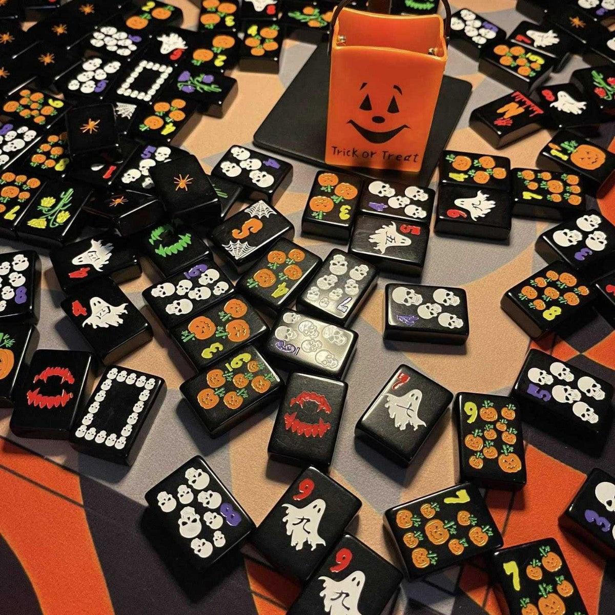 Spooktacular Halloween Edition American Mahjong Tile Set | Luxury Black Acrylic Tiles with Custom Spooky Illustrations (160 Tiles)