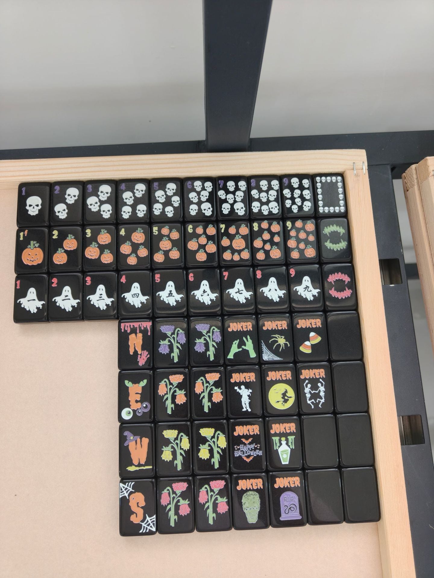Spooktacular Halloween Edition American Mahjong Tile Set | Luxury Black Acrylic Tiles with Custom Spooky Illustrations (160 Tiles)