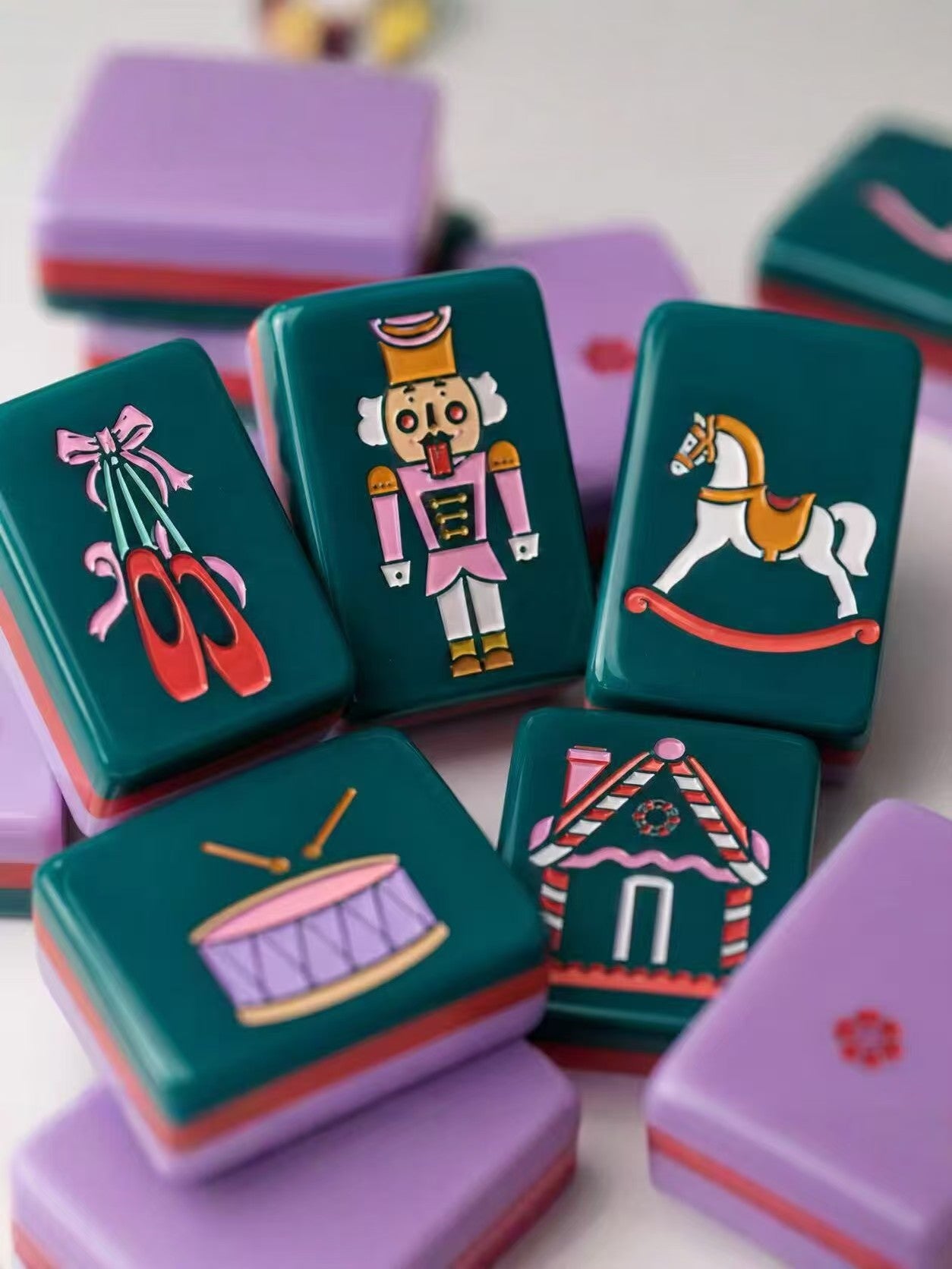 The Nutcracker Holiday American Mahjong Tile Set | Luxury Emerald & Purple Dual-Layer Acrylic Tiles with Nostalgic Christmas Art (160 Tiles)