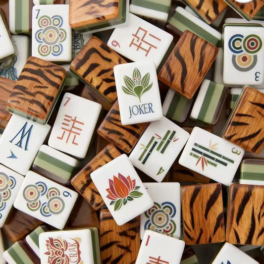 The Tiger Luxe American Mahjong Tile Set | Luxury Tiger Stripe Backing with Safari Botanical Artwork & Custom Jokers (160 Tiles)