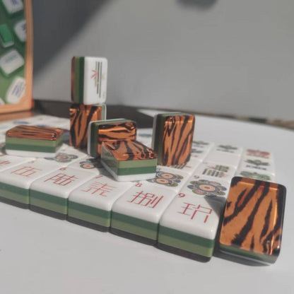 The Tiger Luxe American Mahjong Tile Set | Luxury Tiger Stripe Backing with Safari Botanical Artwork & Custom Jokers (160 Tiles)