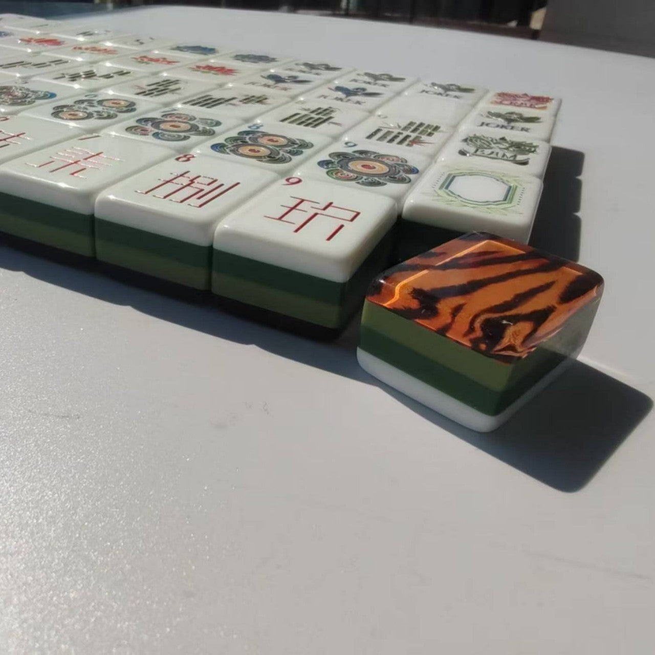 The Tiger Luxe American Mahjong Tile Set | Luxury Tiger Stripe Backing with Safari Botanical Artwork & Custom Jokers (160 Tiles)