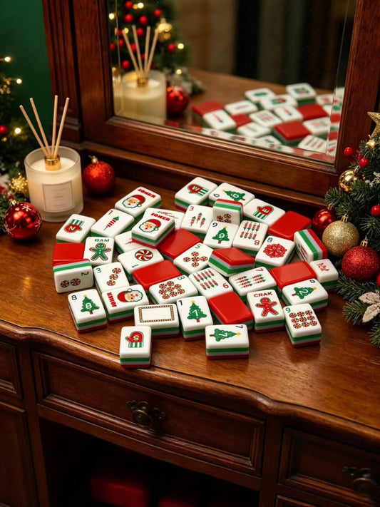 The Classic Christmas American Mahjong Tile Set | Holiday Red & Green Tri-Layer Acrylic Tiles with Santa Jokers & Gingerbread Art (160 Tiles)