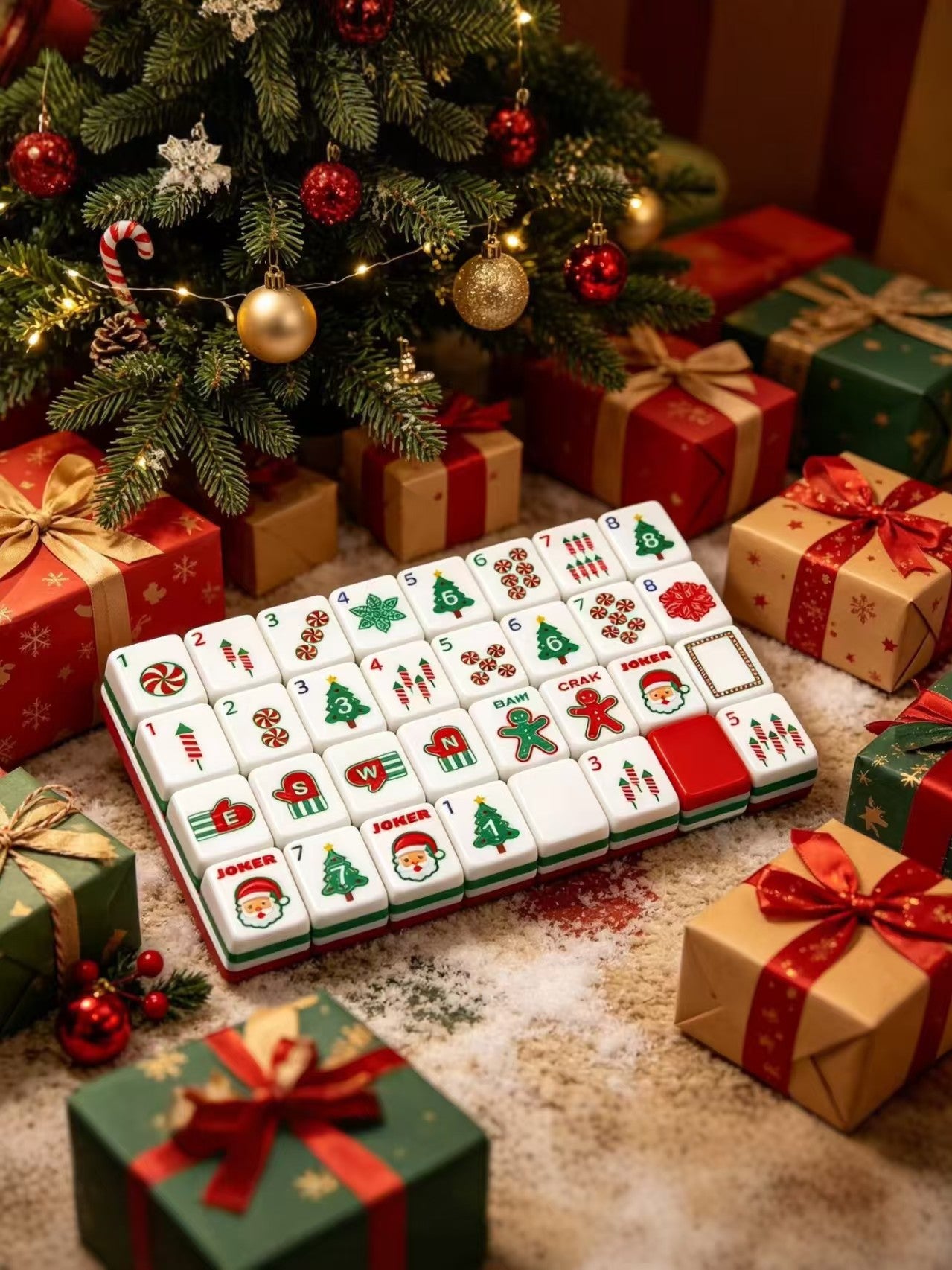 The Classic Christmas American Mahjong Tile Set | Holiday Red & Green Tri-Layer Acrylic Tiles with Santa Jokers & Gingerbread Art (160 Tiles)
