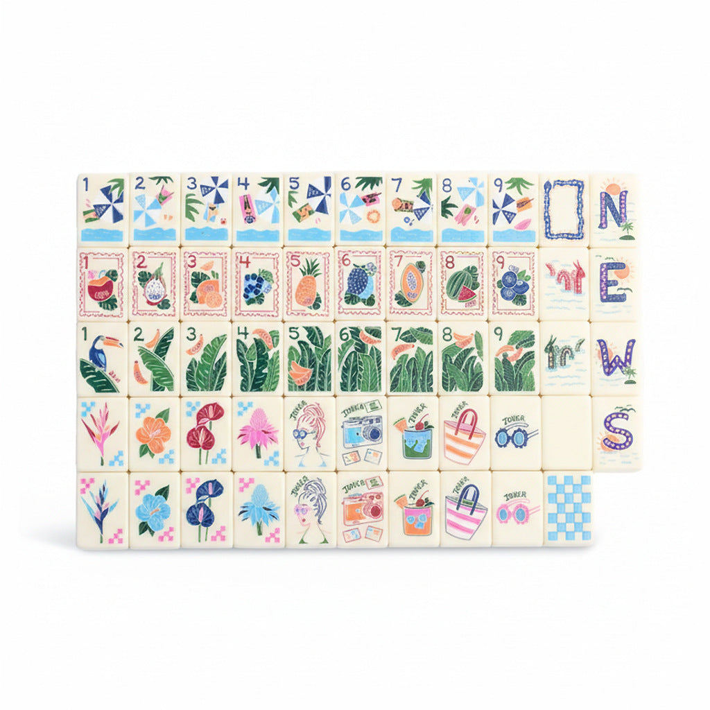 The Coastal Vacation American Mahjong Tile Set | Luxury Cream Acrylic Tiles with Watercolor Tropical Fruit & Beach Resort Art (160 Tiles)