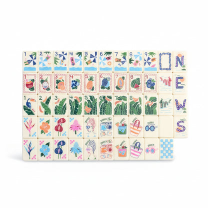 The Coastal Vacation American Mahjong Tile Set | Luxury Cream Acrylic Tiles with Watercolor Tropical Fruit & Beach Resort Art (160 Tiles)