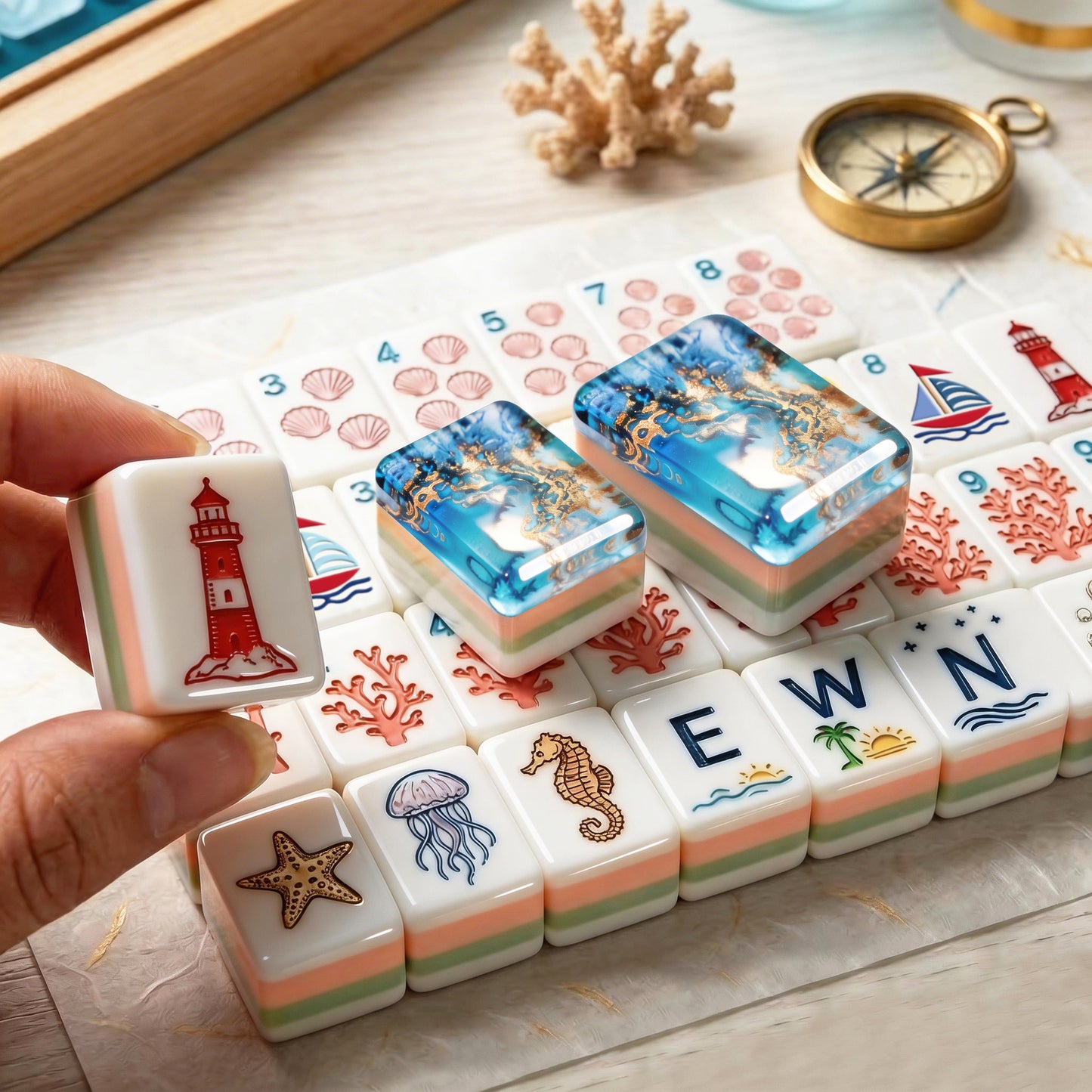 The Nautical Resin American Mahjong Tile Set | Luxury Ocean Wave & Gold Foil Backing with Marine Life Illustrations (160 Tiles)