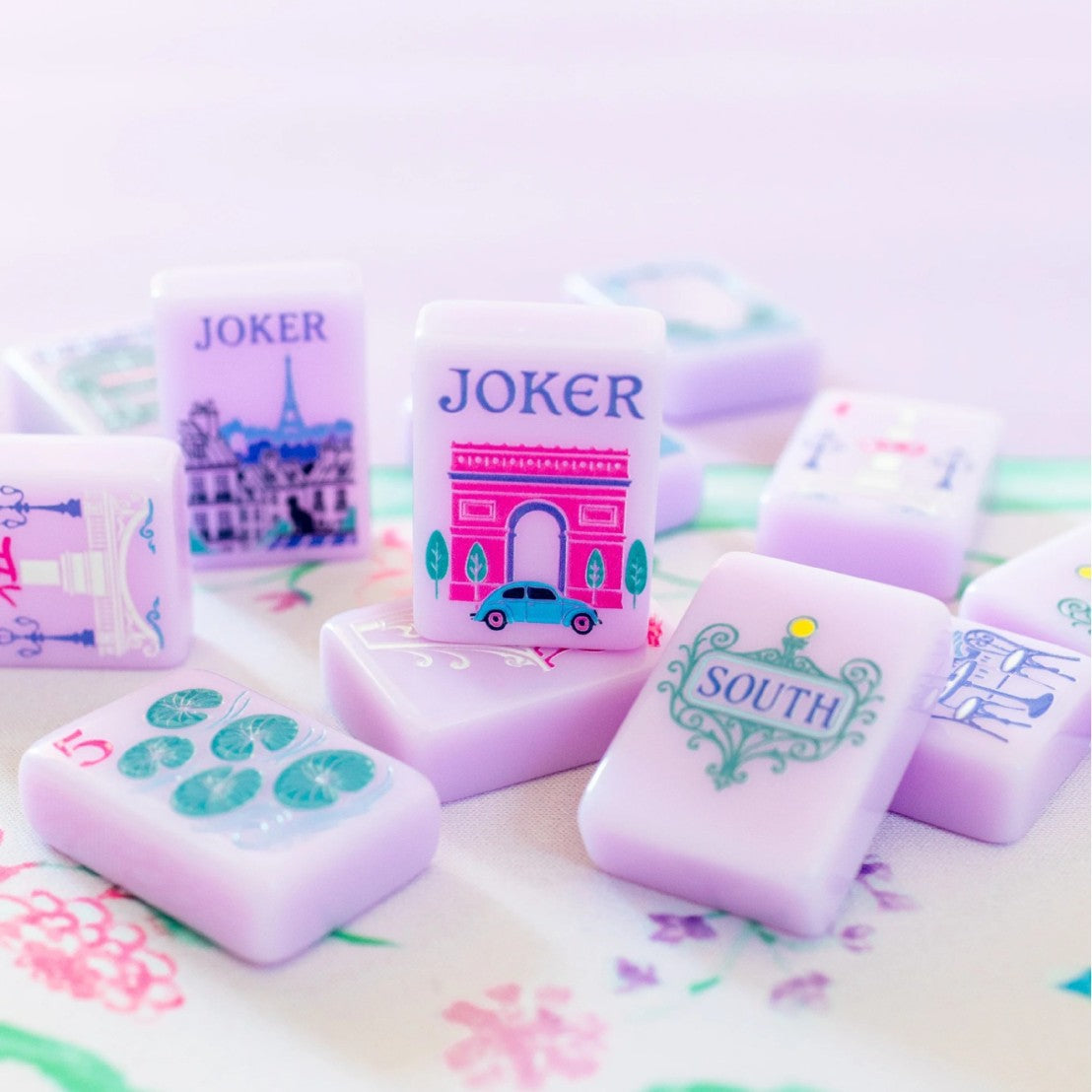 The Lavender Parisian American Mahjong Tile Set | Luxury Pastel Purple Acrylic Tiles with French Botanical Art & Custom Paris Jokers (160 Tiles)