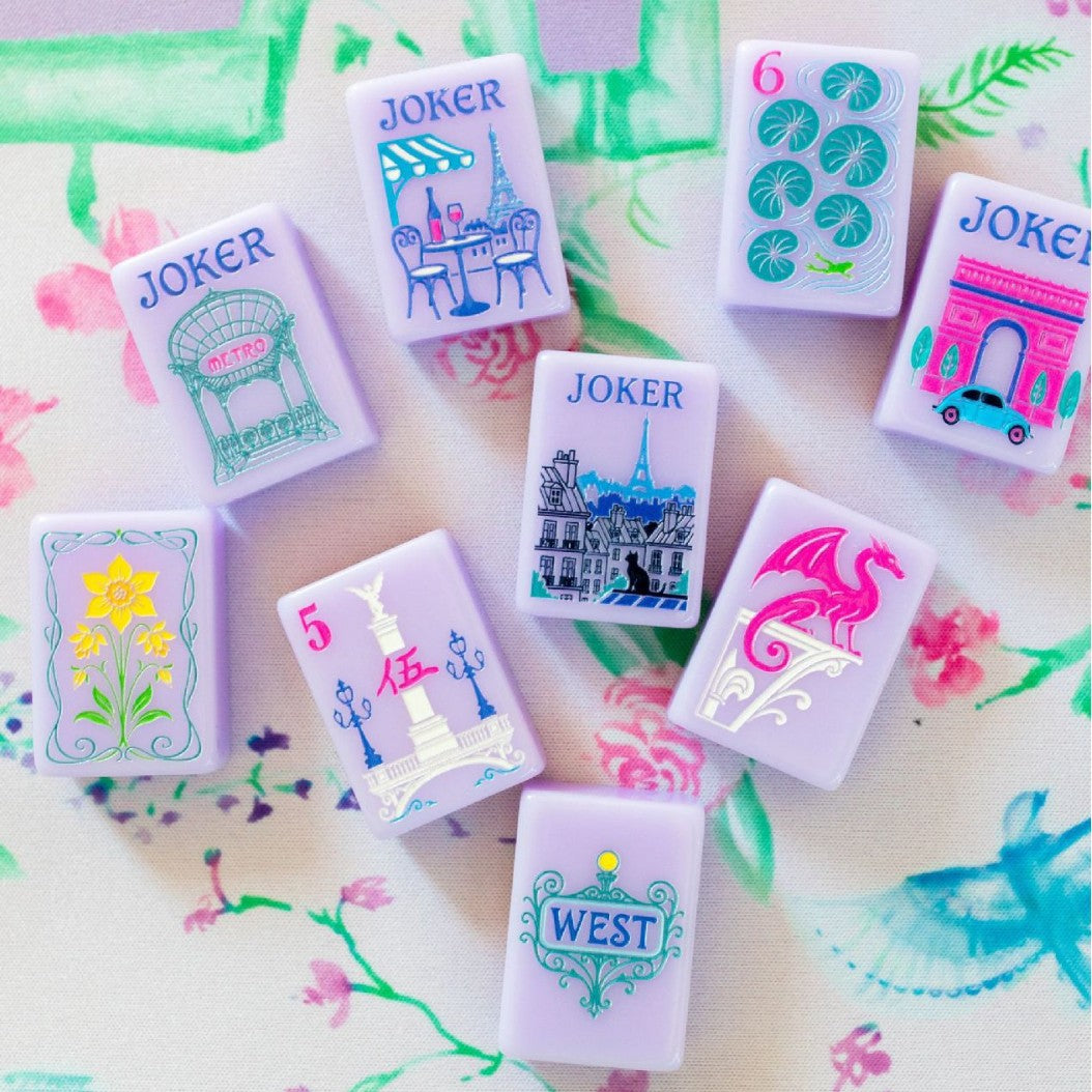 The Lavender Parisian American Mahjong Tile Set | Luxury Pastel Purple Acrylic Tiles with French Botanical Art & Custom Paris Jokers (160 Tiles)