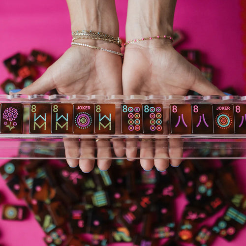 The Tortoiseshell Neon American Mahjong Tile Set | Luxury Amber Resinous Acrylic Tiles with Retro Neon Art (160 Tiles)
