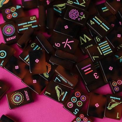 The Tortoiseshell Neon American Mahjong Tile Set | Luxury Amber Resinous Acrylic Tiles with Retro Neon Art (160 Tiles)