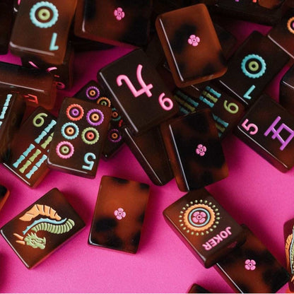 The Tortoiseshell Neon American Mahjong Tile Set | Luxury Amber Resinous Acrylic Tiles with Retro Neon Art (160 Tiles)