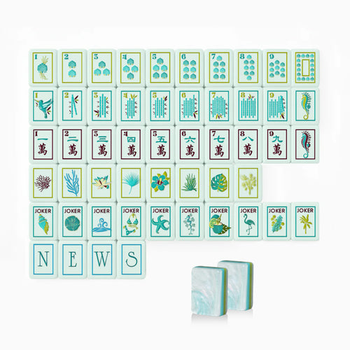 Ocean Breeze American Mahjong Set - Mint Green Tiles with Custom Coastal Designs & 8 Joker/Flower Tiles