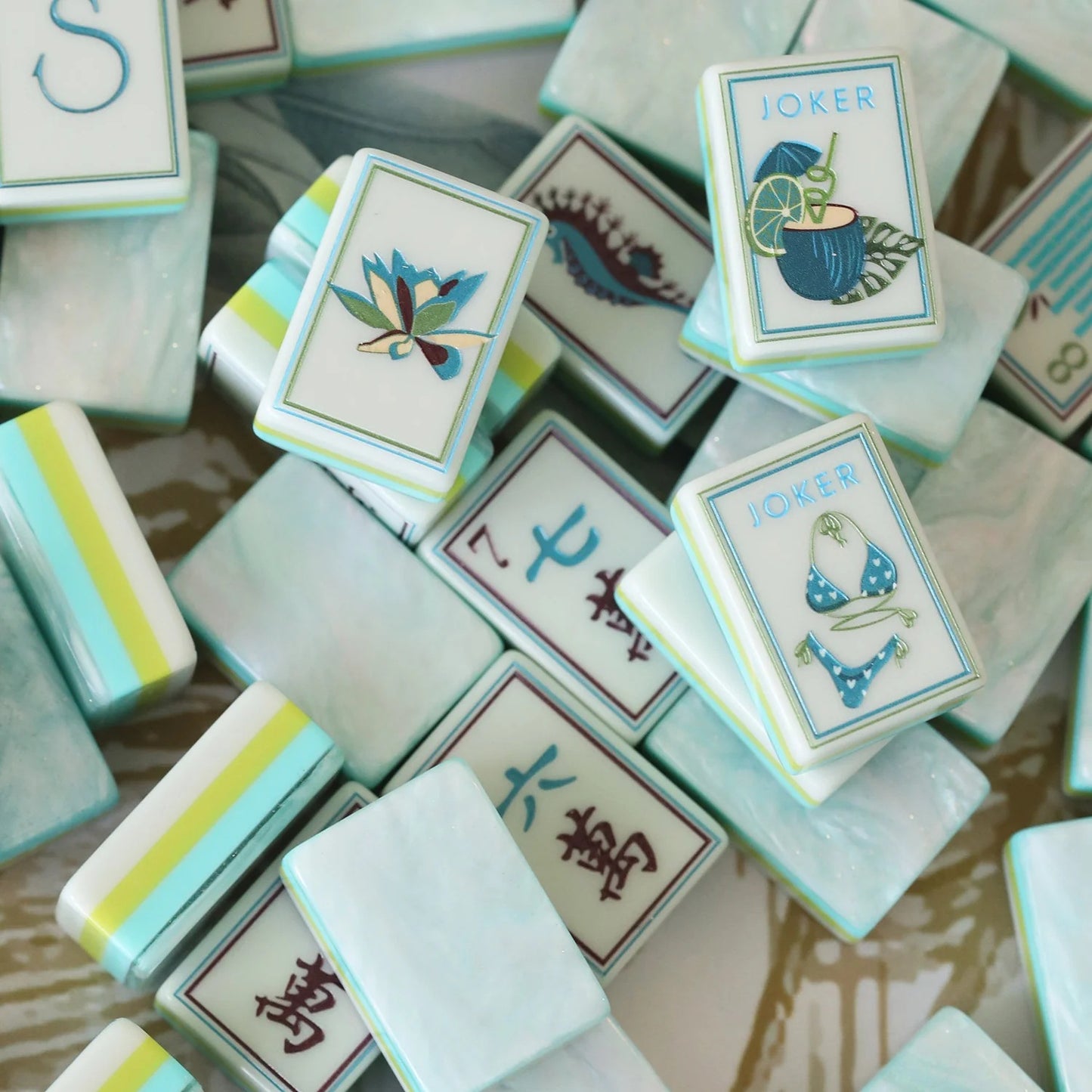 Ocean Breeze American Mahjong Set - Mint Green Tiles with Custom Coastal Designs & 8 Joker/Flower Tiles