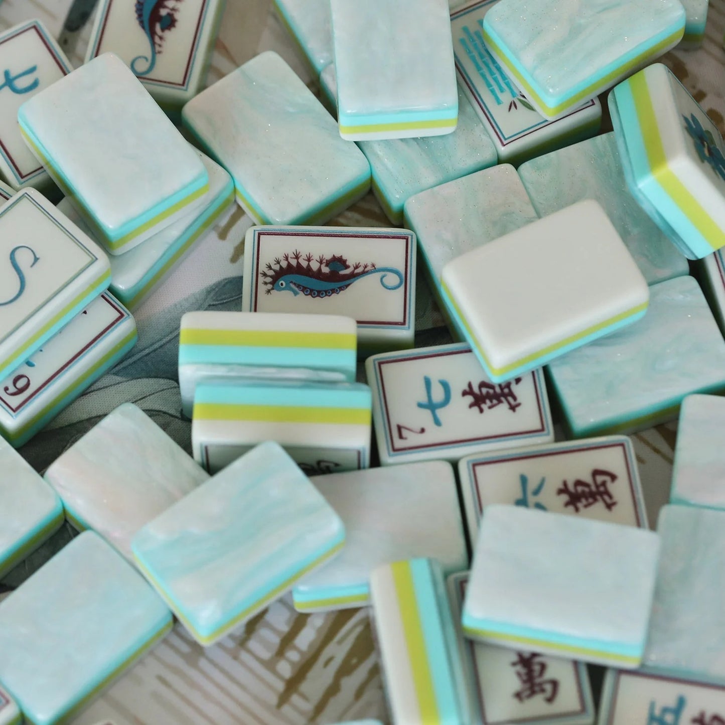 Ocean Breeze American Mahjong Set - Mint Green Tiles with Custom Coastal Designs & 8 Joker/Flower Tiles