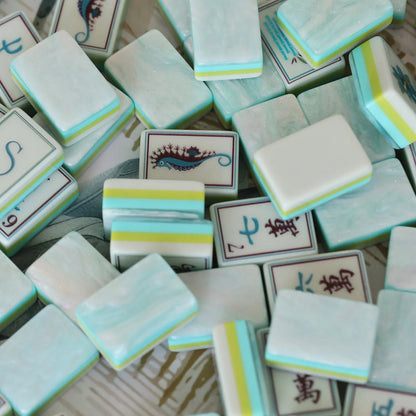 Ocean Breeze American Mahjong Set - Mint Green Tiles with Custom Coastal Designs & 8 Joker/Flower Tiles