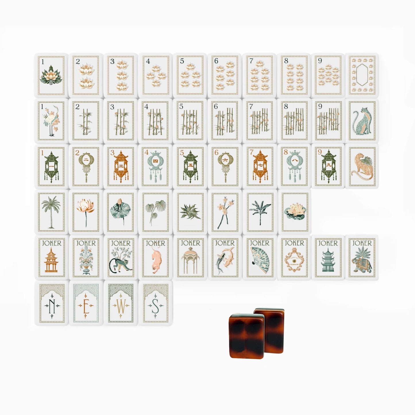 Botanical Chinoiserie American Mahjong Set - Tortoiseshell Style Backs, 160-Tile Complete Kit