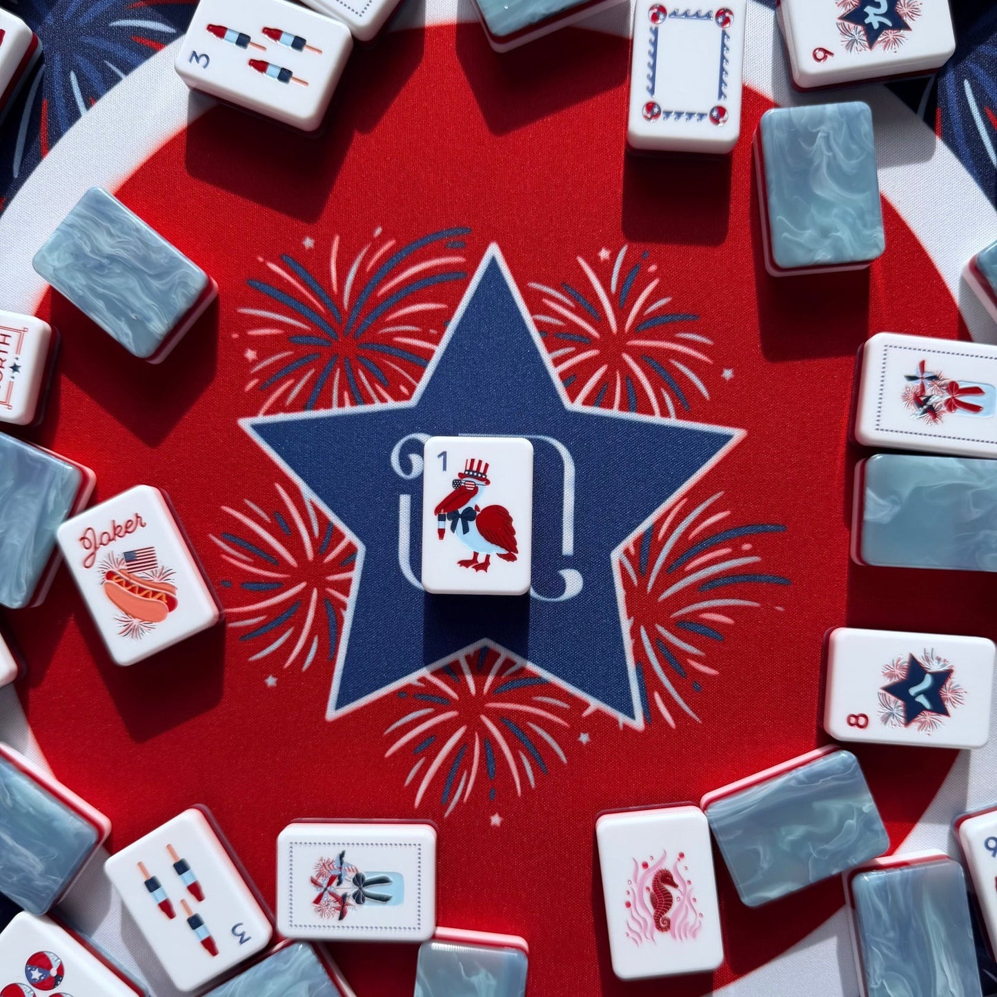 Americana Celebration American Mahjong Set - Red, White & Blue 160-Tile Complete Kit with Marble Swirl Backs
