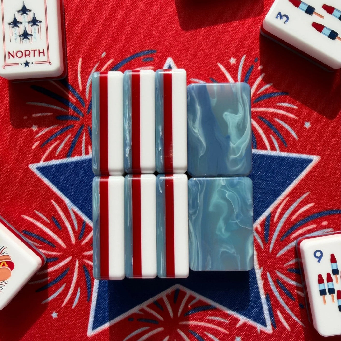 Americana Celebration American Mahjong Set - Red, White & Blue 160-Tile Complete Kit with Marble Swirl Backs