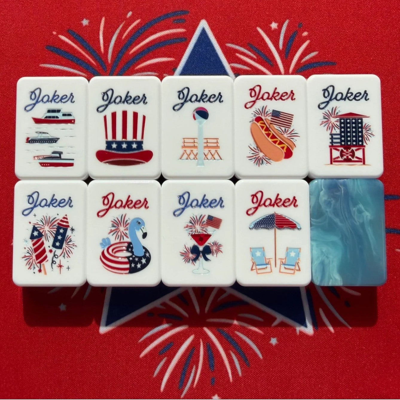 Americana Celebration American Mahjong Set - Red, White & Blue 160-Tile Complete Kit with Marble Swirl Backs