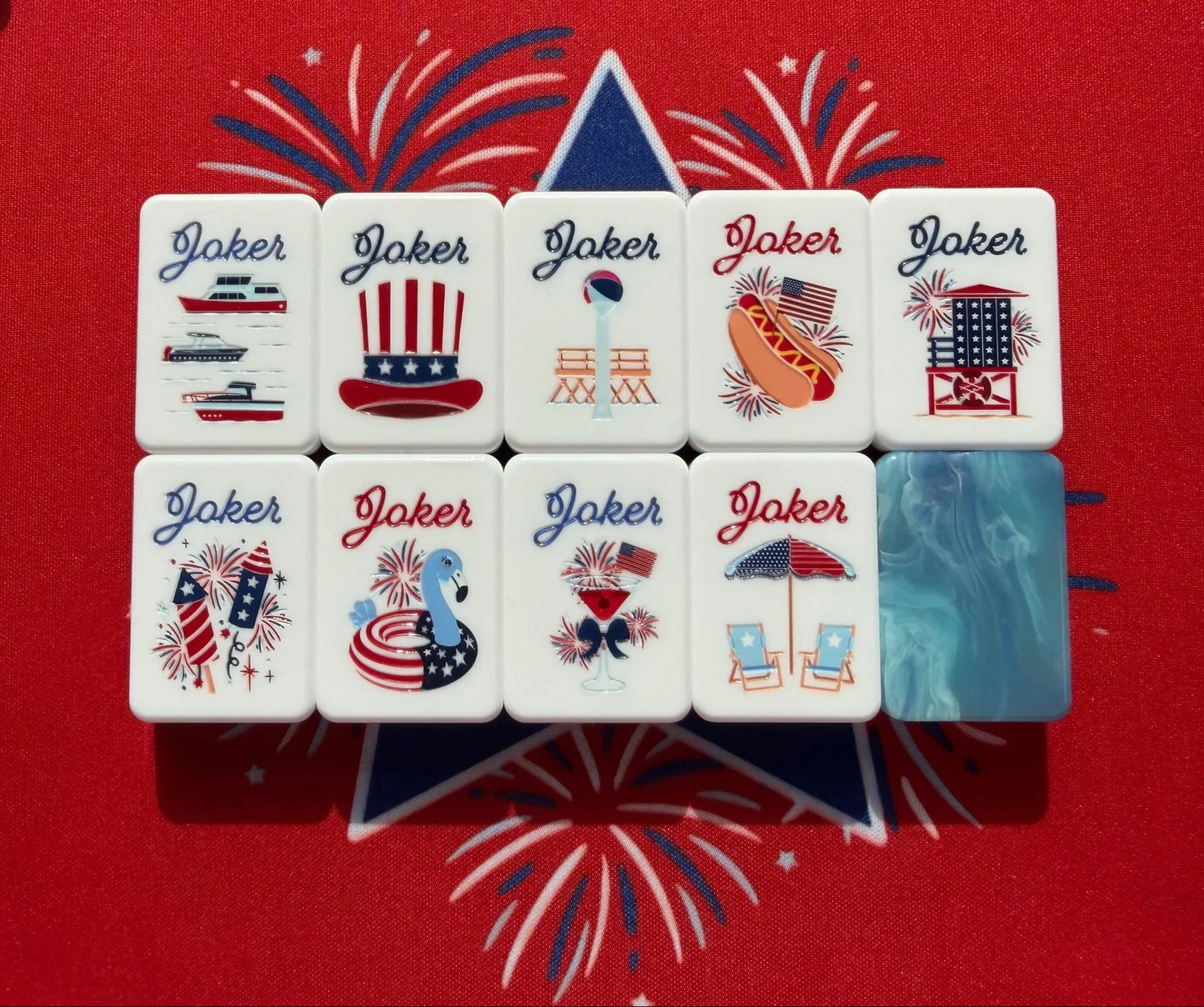 Americana Celebration American Mahjong Set - Red, White & Blue 160-Tile Complete Kit with Marble Swirl Backs