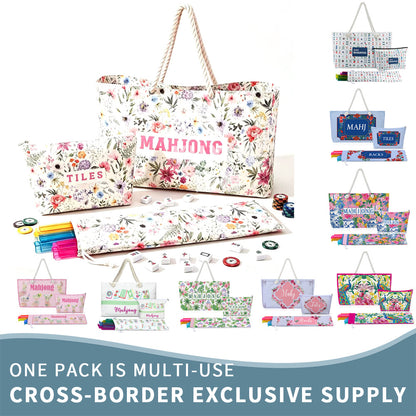 Luxury Floral American Mahjong Bag Set - 3-Piece Canvas Travel Tote with Rope Handles & Matching Accessory Pouches