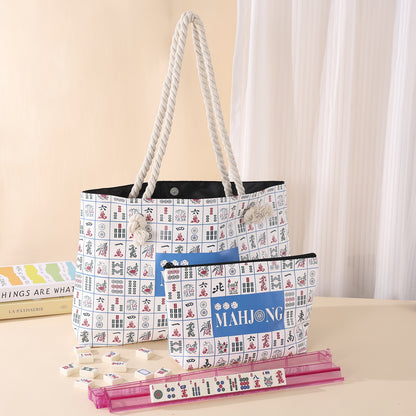 Luxury Floral American Mahjong Bag Set - 3-Piece Canvas Travel Tote with Rope Handles & Matching Accessory Pouches