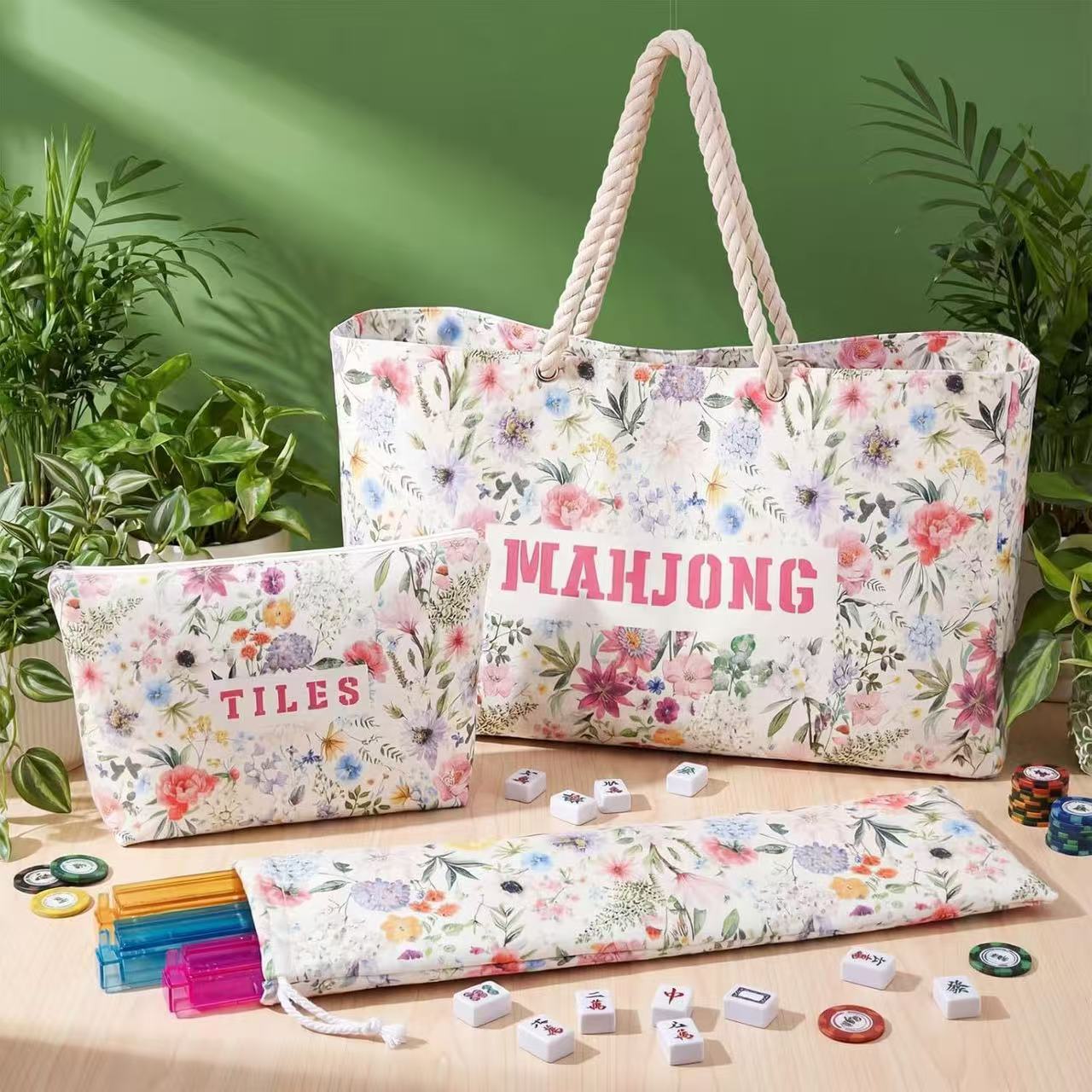 Luxury Floral American Mahjong Bag Set - 3-Piece Canvas Travel Tote with Rope Handles & Matching Accessory Pouches