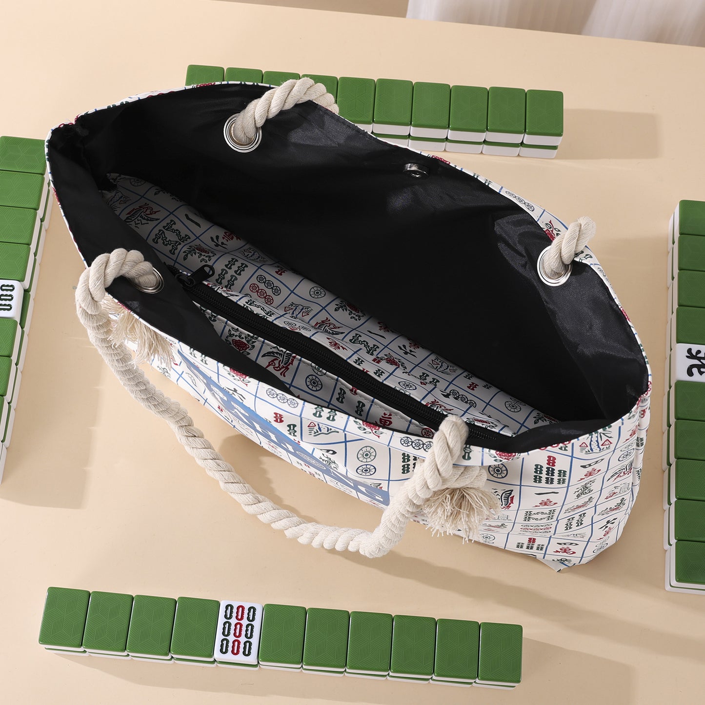 Luxury Floral American Mahjong Bag Set - 3-Piece Canvas Travel Tote with Rope Handles & Matching Accessory Pouches