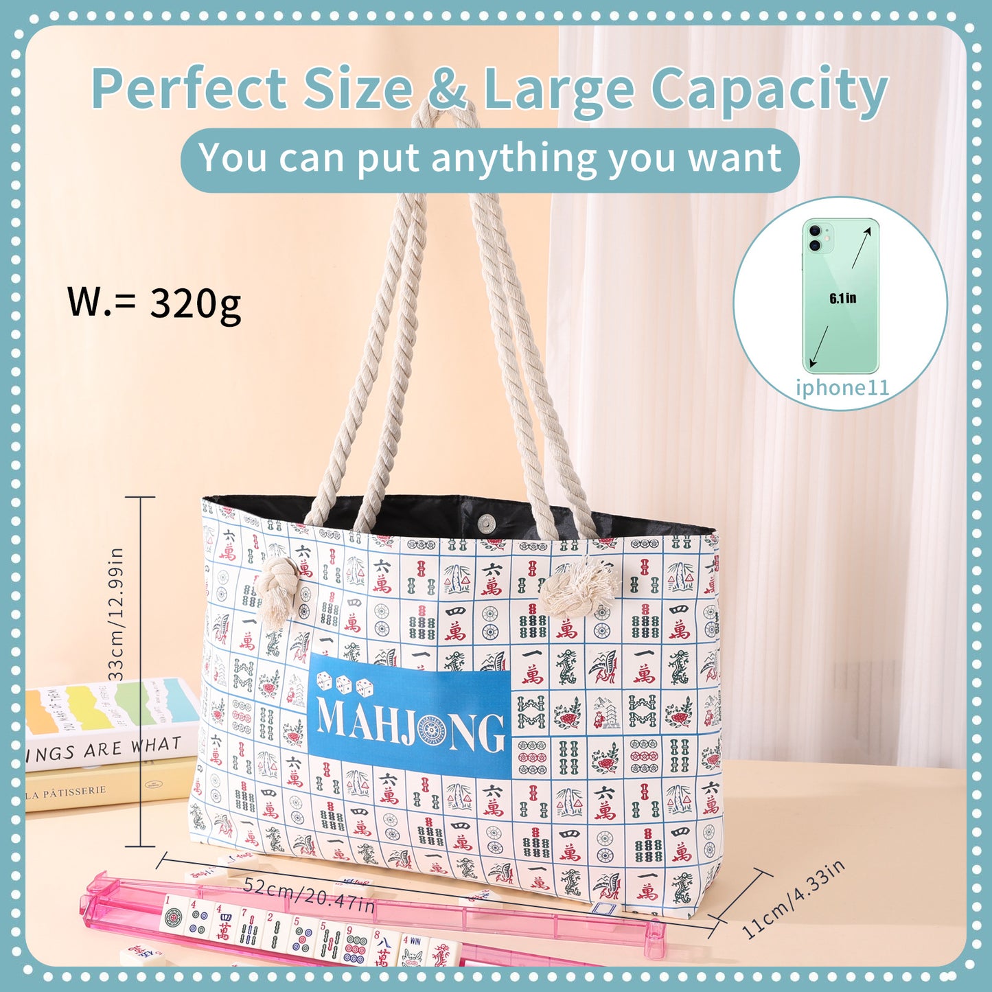 Luxury Floral American Mahjong Bag Set - 3-Piece Canvas Travel Tote with Rope Handles & Matching Accessory Pouches