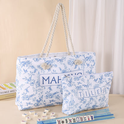 Luxury Floral American Mahjong Bag Set - 3-Piece Canvas Travel Tote with Rope Handles & Matching Accessory Pouches