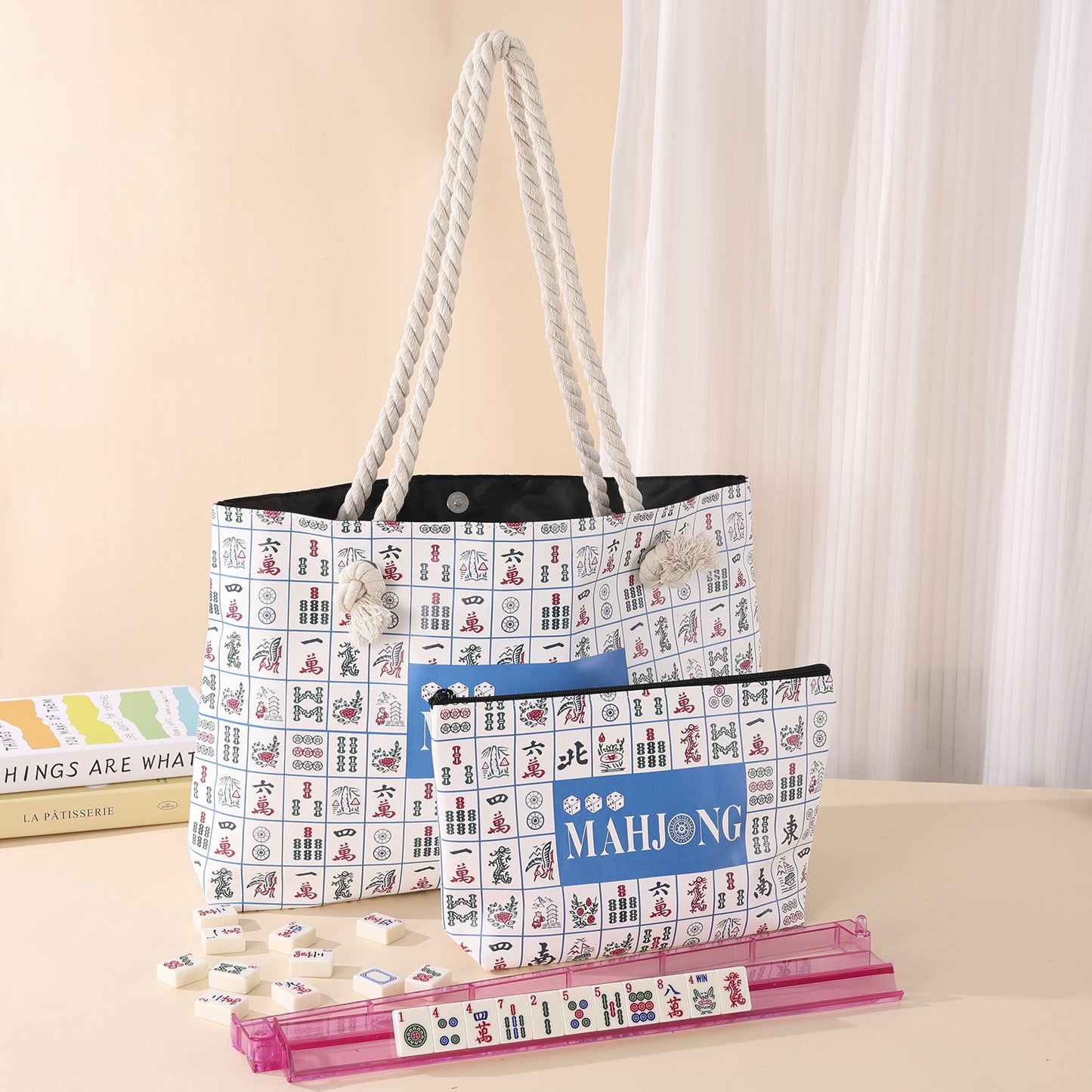 Luxury Floral American Mahjong Bag Set - 3-Piece Canvas Travel Tote with Rope Handles & Matching Accessory Pouches