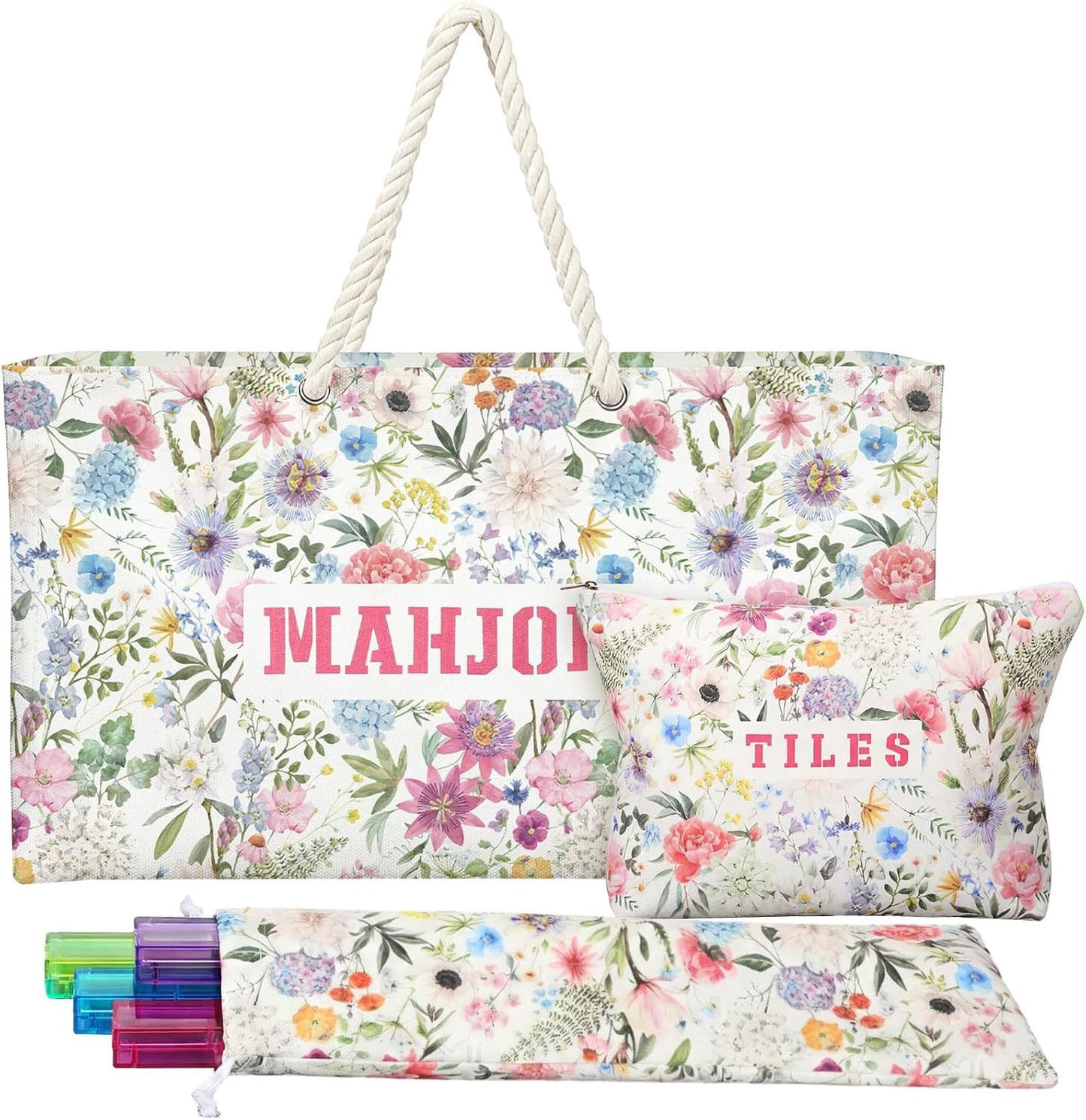 Luxury Floral American Mahjong Bag Set - 3-Piece Canvas Travel Tote with Rope Handles & Matching Accessory Pouches
