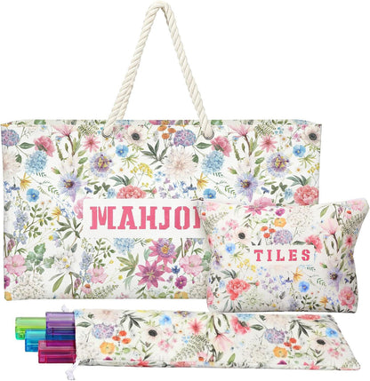 Luxury Floral American Mahjong Bag Set - 3-Piece Canvas Travel Tote with Rope Handles & Matching Accessory Pouches