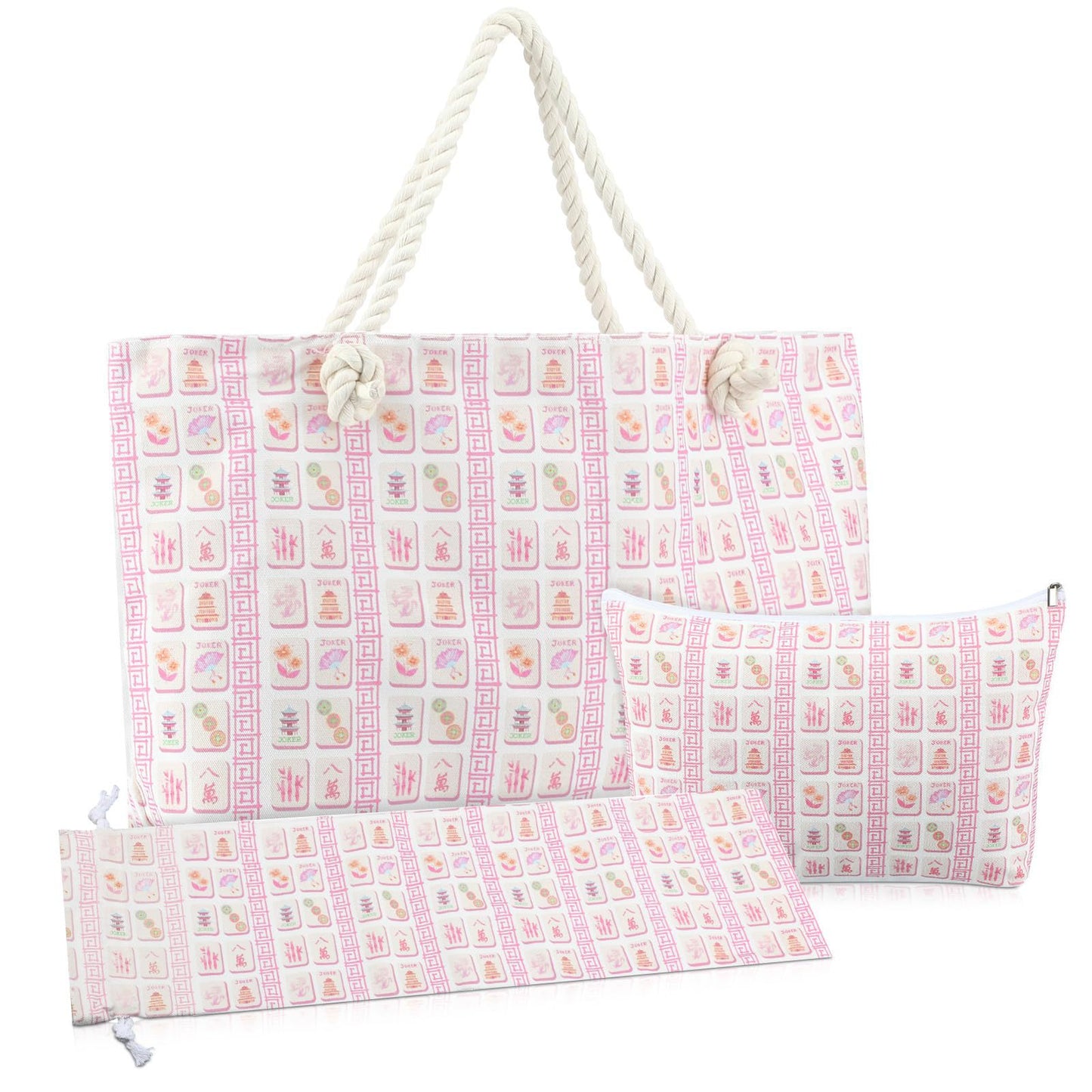 Luxury Floral American Mahjong Bag Set - 3-Piece Canvas Travel Tote with Rope Handles & Matching Accessory Pouches