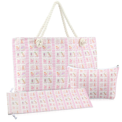 Luxury Floral American Mahjong Bag Set - 3-Piece Canvas Travel Tote with Rope Handles & Matching Accessory Pouches
