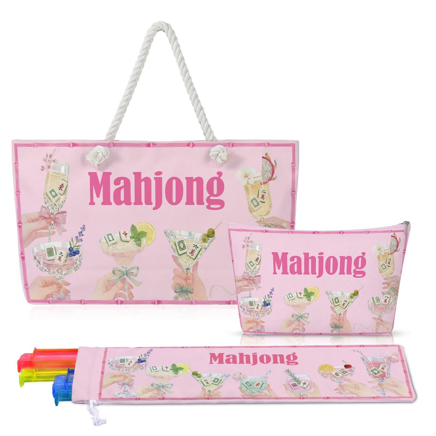 Luxury Floral American Mahjong Bag Set - 3-Piece Canvas Travel Tote with Rope Handles & Matching Accessory Pouches