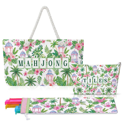 Luxury Floral American Mahjong Bag Set - 3-Piece Canvas Travel Tote with Rope Handles & Matching Accessory Pouches