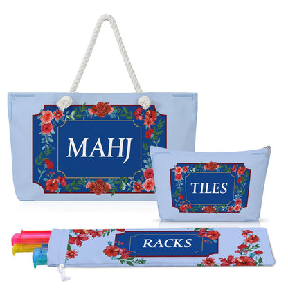 Luxury Floral American Mahjong Bag Set - 3-Piece Canvas Travel Tote with Rope Handles & Matching Accessory Pouches