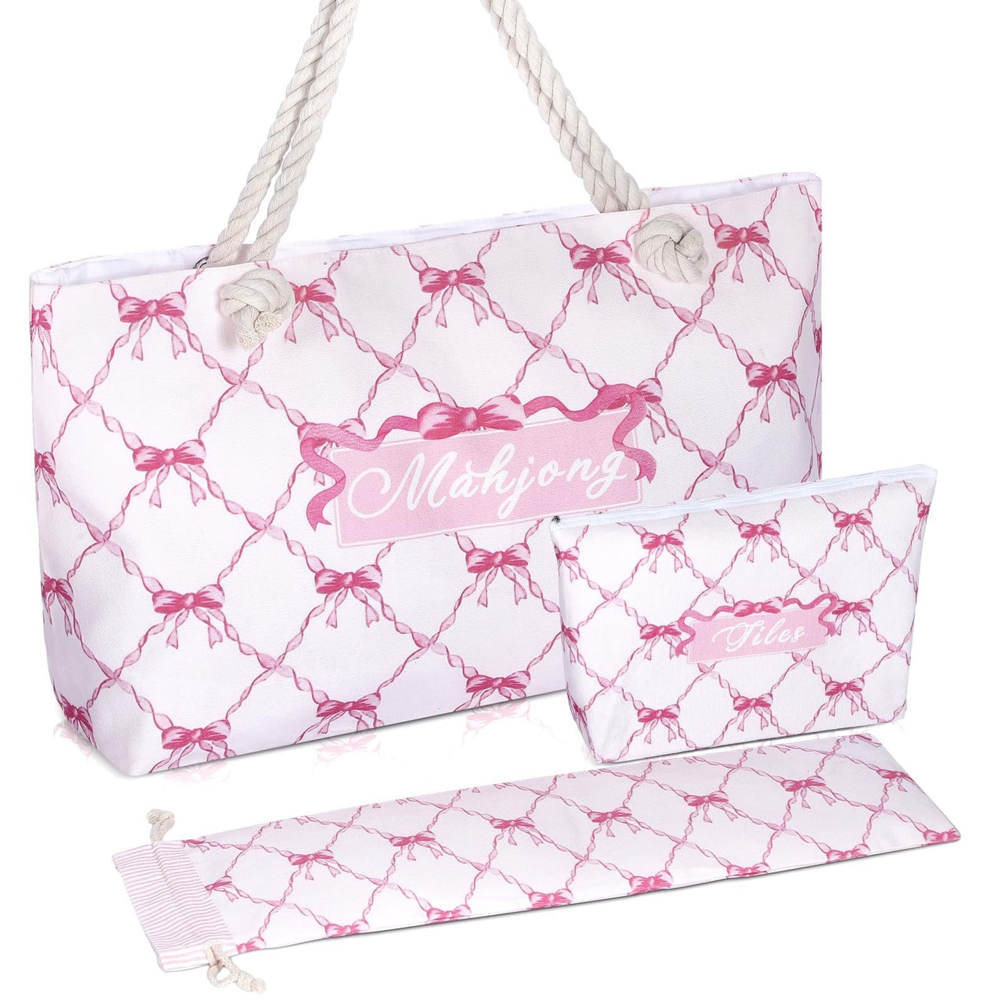 Luxury Floral American Mahjong Bag Set - 3-Piece Canvas Travel Tote with Rope Handles & Matching Accessory Pouches