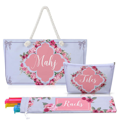Luxury Floral American Mahjong Bag Set - 3-Piece Canvas Travel Tote with Rope Handles & Matching Accessory Pouches