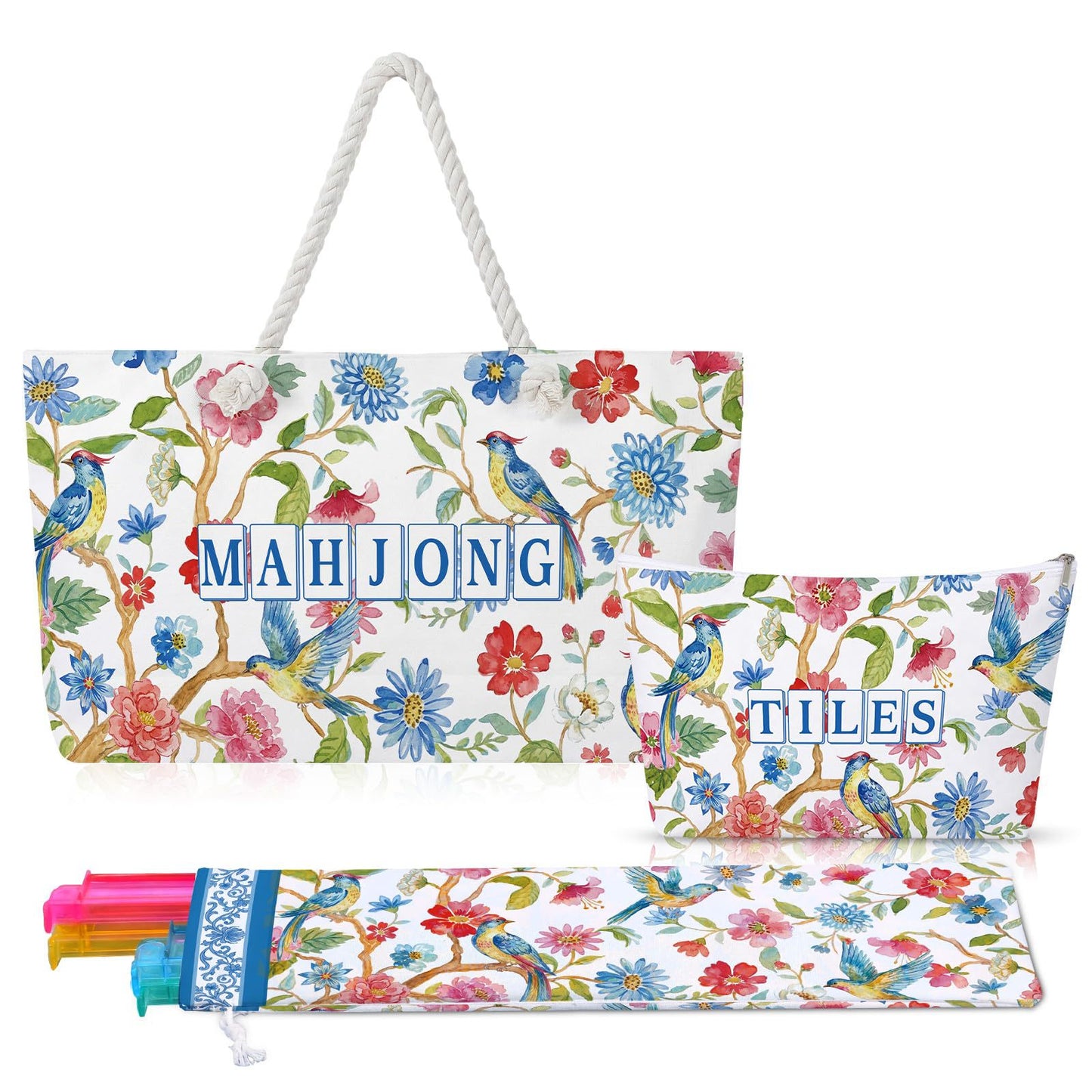 Luxury Floral American Mahjong Bag Set - 3-Piece Canvas Travel Tote with Rope Handles & Matching Accessory Pouches