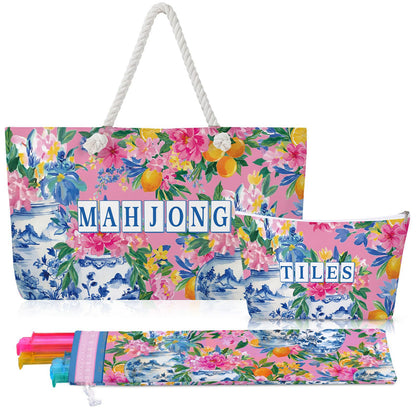 Luxury Floral American Mahjong Bag Set - 3-Piece Canvas Travel Tote with Rope Handles & Matching Accessory Pouches