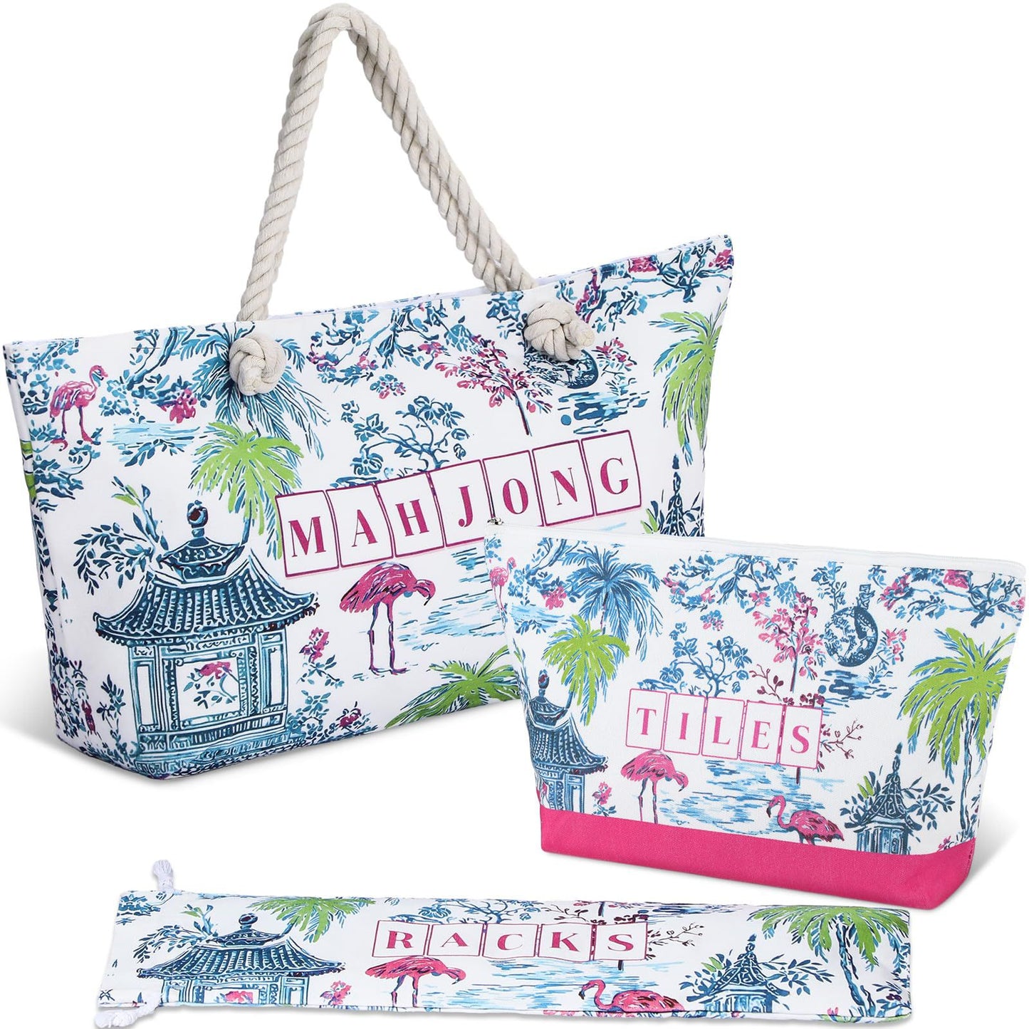 Luxury Floral American Mahjong Bag Set - 3-Piece Canvas Travel Tote with Rope Handles & Matching Accessory Pouches