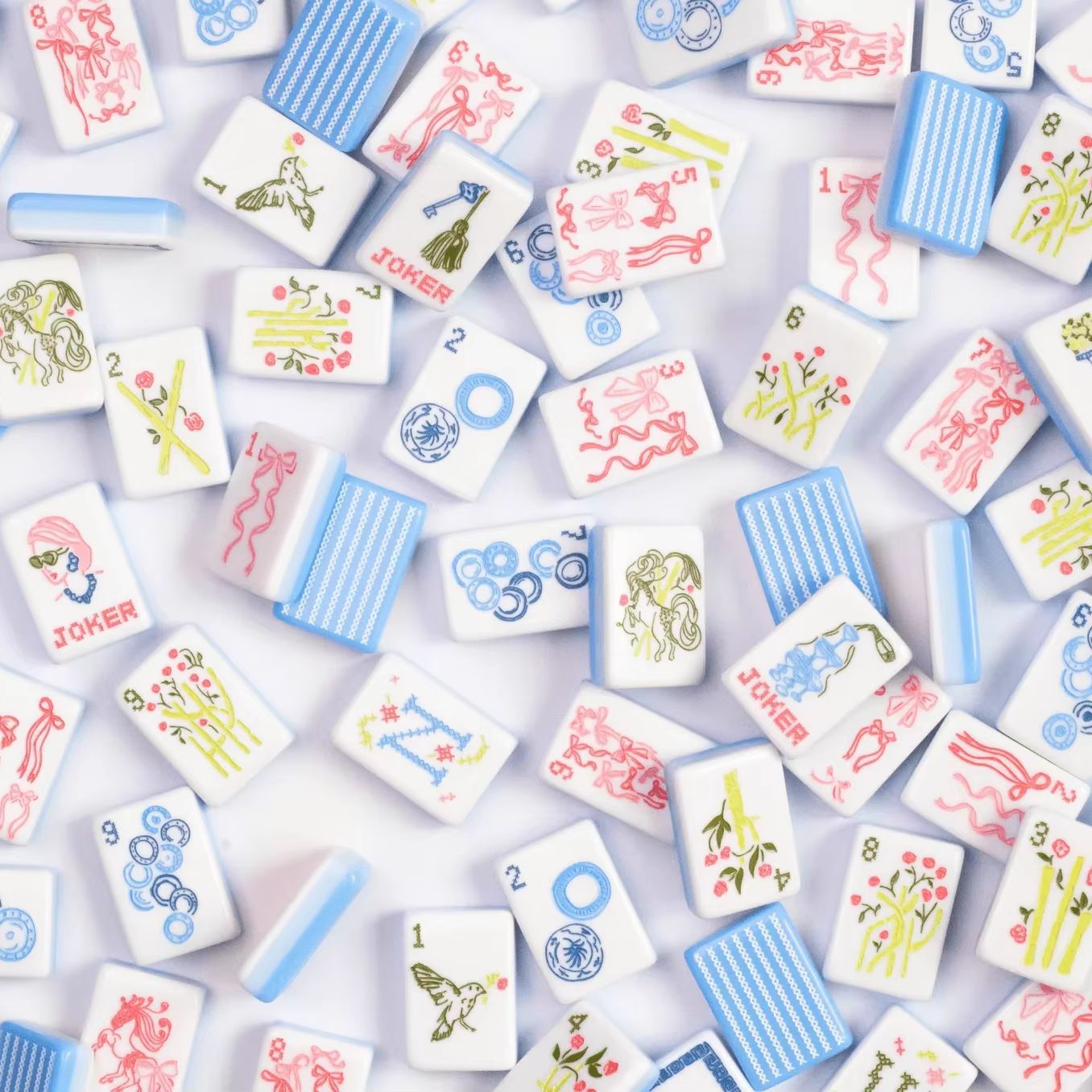 Chic Cross-Stitch Needlepoint American Mahjong Set - Sky Blue Striped Backs, 160-Tile Complete Kit