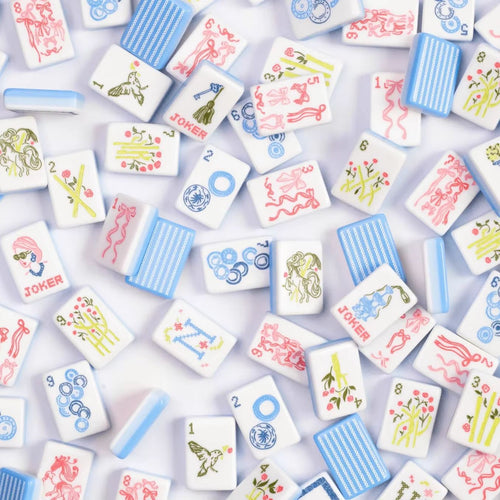 Chic Cross-Stitch Needlepoint American Mahjong Set - Sky Blue Striped Backs, 160-Tile Complete Kit