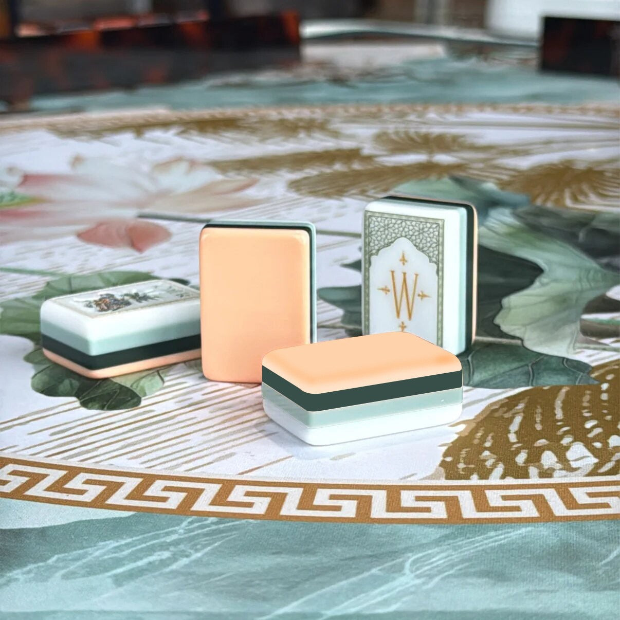 Botanical Chinoiserie American Mahjong Set - Peach & Sage Two-Tone Backs, 160-Tile Complete Kit